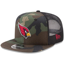 Load image into Gallery viewer, New Era Arizona Cardinals Woodland Camo/Black Trucker 9FIFTY Snapback Adjustable Hat