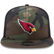 Load image into Gallery viewer, New Era Arizona Cardinals Woodland Camo/Black Trucker 9FIFTY Snapback Adjustable Hat