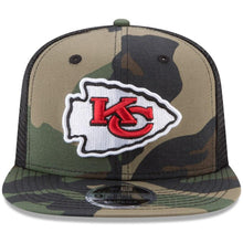 Load image into Gallery viewer, New Era Kansas City Chiefs Woodland Camo/Black Trucker 9FIFTY Snapback Adjustable Hat