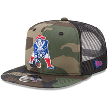 Load image into Gallery viewer, New Era New England Patriots Woodland Camo/Black Throwback Logo Trucker 9FIFTY Snapback Adjustable Hat