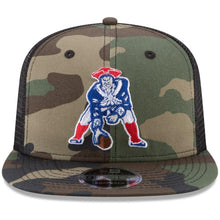 Load image into Gallery viewer, New Era New England Patriots Woodland Camo/Black Throwback Logo Trucker 9FIFTY Snapback Adjustable Hat
