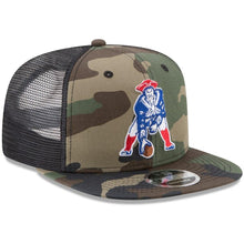 Load image into Gallery viewer, New Era New England Patriots Woodland Camo/Black Throwback Logo Trucker 9FIFTY Snapback Adjustable Hat