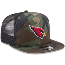 Load image into Gallery viewer, New Era Arizona Cardinals Woodland Camo/Black Trucker 9FIFTY Snapback Adjustable Hat
