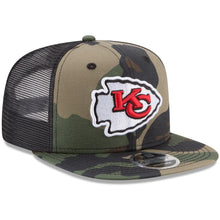 Load image into Gallery viewer, New Era Kansas City Chiefs Woodland Camo/Black Trucker 9FIFTY Snapback Adjustable Hat