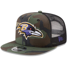 Load image into Gallery viewer, New Era Baltimore Ravens Woodland Camo/Black Trucker 9FIFTY Snapback Adjustable Hat
