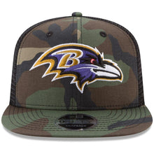 Load image into Gallery viewer, New Era Baltimore Ravens Woodland Camo/Black Trucker 9FIFTY Snapback Adjustable Hat