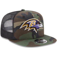 Load image into Gallery viewer, New Era Baltimore Ravens Woodland Camo/Black Trucker 9FIFTY Snapback Adjustable Hat