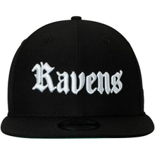 Load image into Gallery viewer, New Era Baltimore Ravens Black Gothic Script 9FIFTY Adjustable Snapback Hat