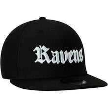 Load image into Gallery viewer, New Era Baltimore Ravens Black Gothic Script 9FIFTY Adjustable Snapback Hat