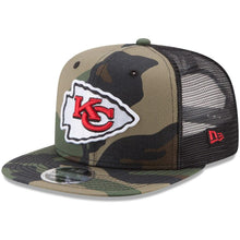 Load image into Gallery viewer, New Era Kansas City Chiefs Woodland Camo/Black Trucker 9FIFTY Snapback Adjustable Hat